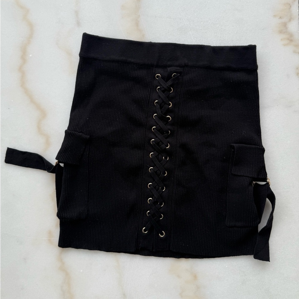 Black Lace-Up Mini Skirt Ribbed Material Gold Hardware Size S (fits S/M)